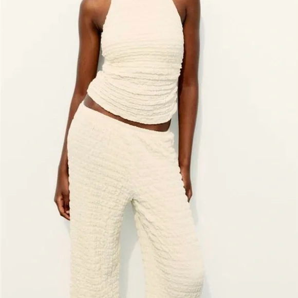 Cream Textured Jumpsuit with Wide-Leg Silhouette - Picture 1 of 4